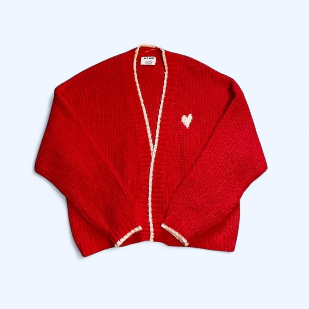 Red cable knit cardigan‎ with white heart detail size M by Old Navy